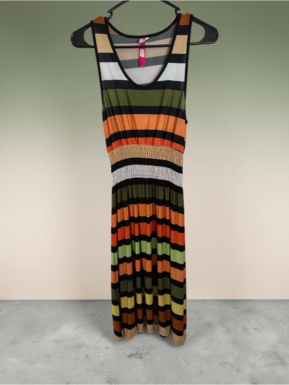 Striped Sleeveless Maxi Dress in Olive, Orange, Black &‎ Cream